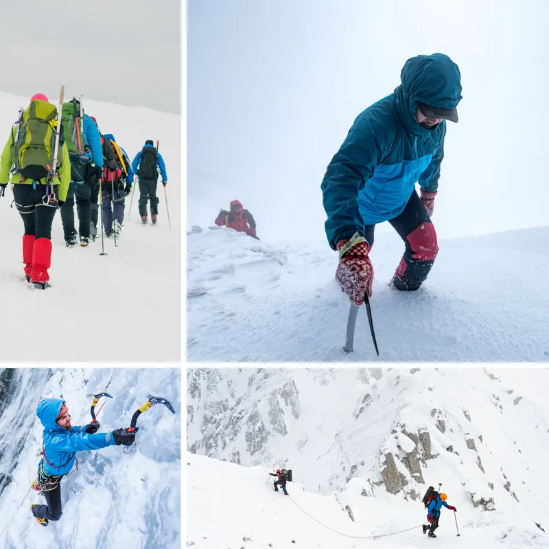 four adventurers mountaineering on snow