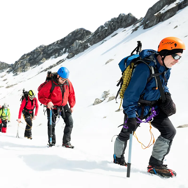mountain guide leading a group of mountaineers across a snow covered landscape