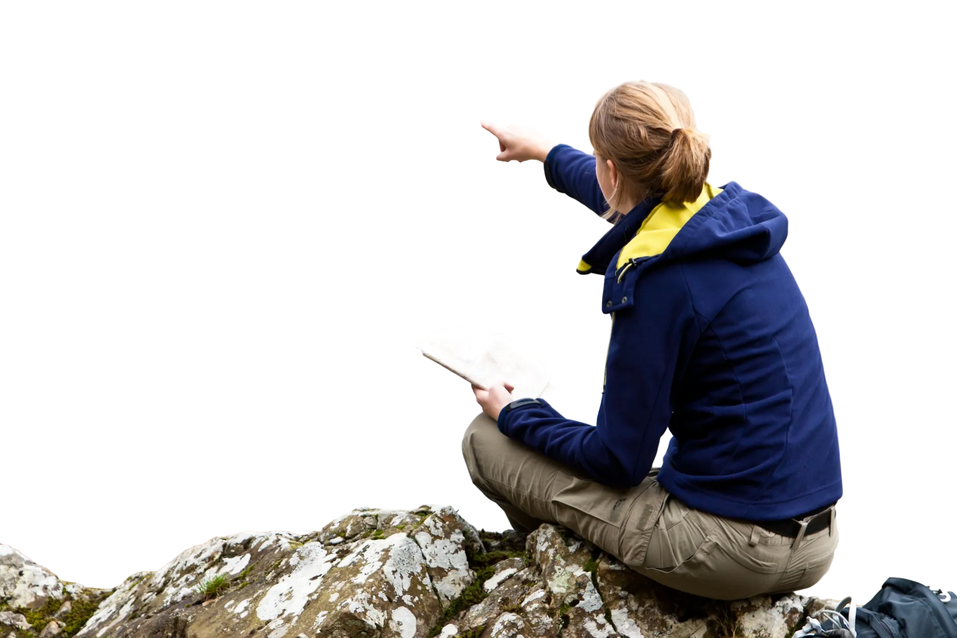 female guide reading a map and pointing in the direction of travel